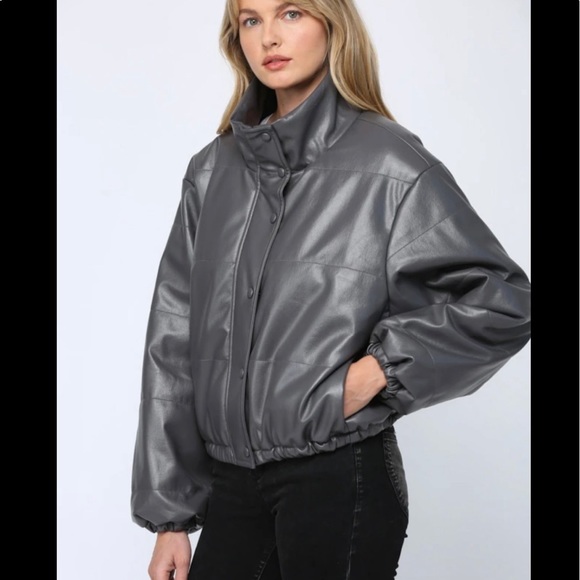 NWT- Faux Leather Puffer Bomber Jacket - Picture 2 of 5